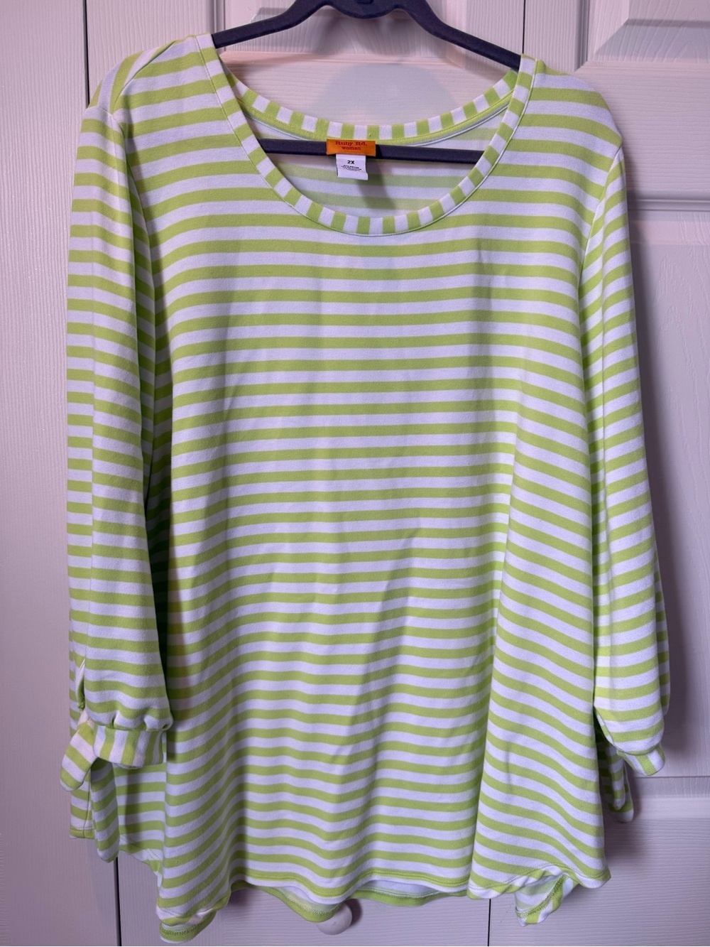 # Ruby Rd. 2X Lime Green & White Striped Scoop Neck Long Sleeve Top